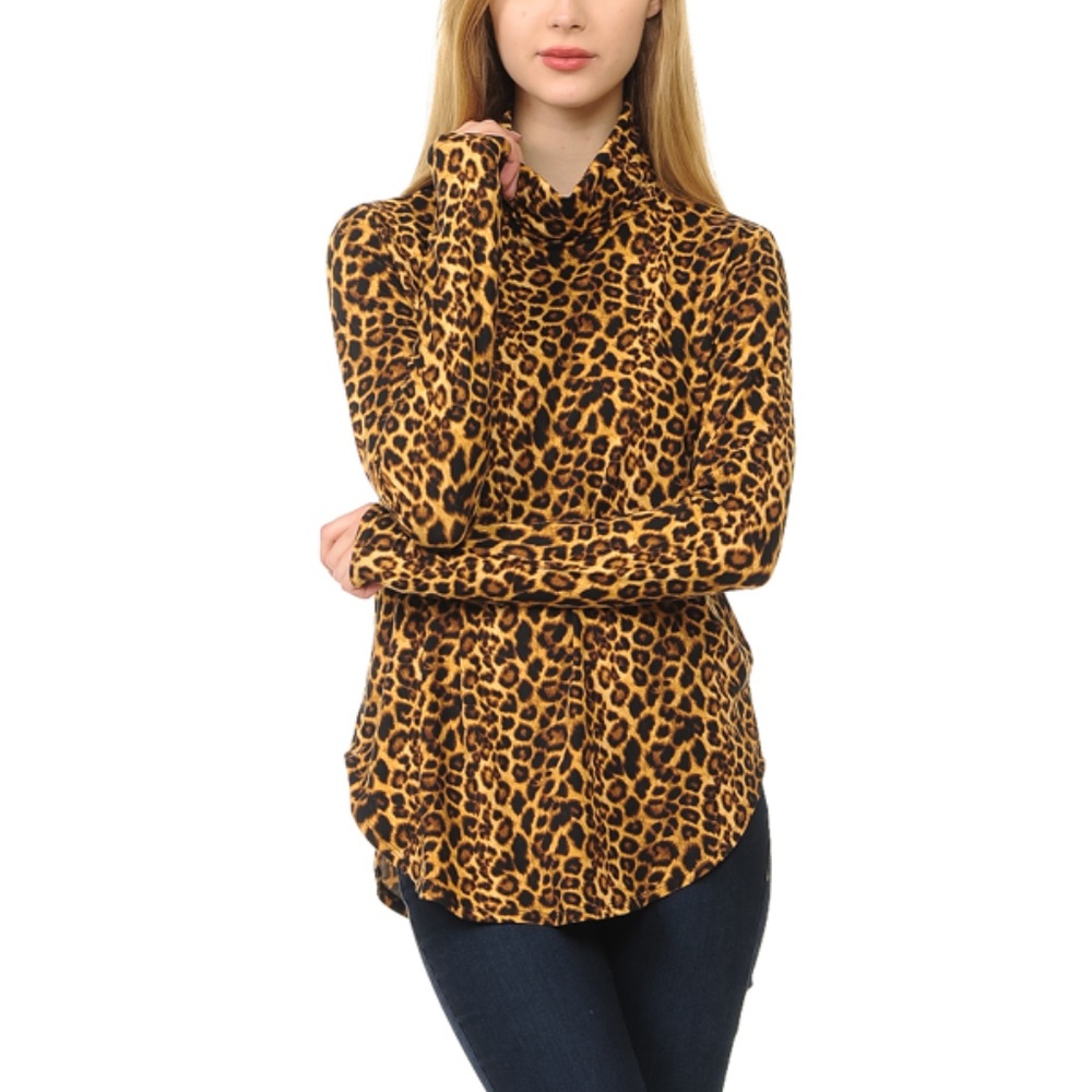 Animal Print Curved Hem Top Thumb Hole Turtleneck